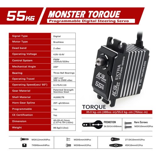 AGFRC 55KG Digital-Steering-Servo High-Torque Programmable - Servomotor Brushless de Metal Completo para Coche RC Crawler 1/8 1/10, angulo de Control 180? (A86BHM) - Imagen 2