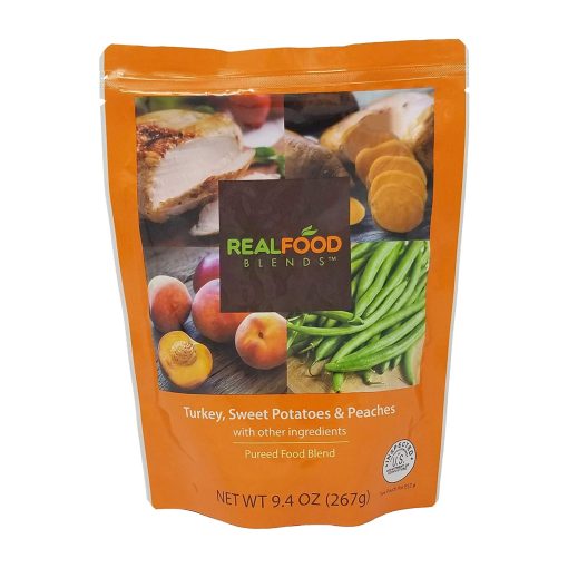 Real Food Blends - Pavo, Camotes y Duraznos - Comidas para Personas con Tubos de Alimentacion - Bolsa de 9.4 Oz (Paquete de 12)