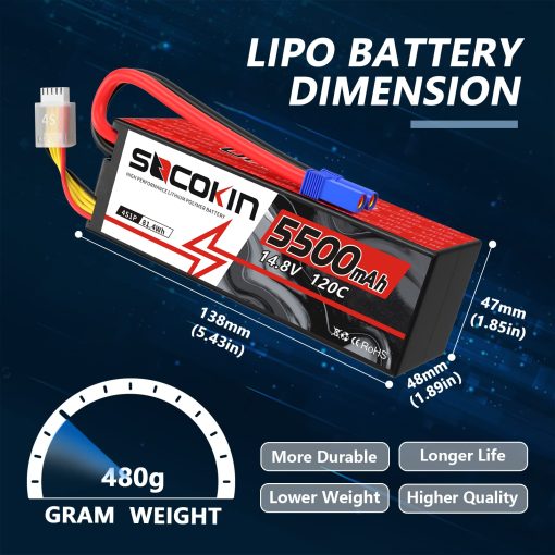 Bateria Lipo 4S Socokin 5500mAh 14.8V 120C con Conector EC5 Estuche Rigido para Coche RC Camion Tanque Buggy Truggy Modelo de Carreras Hobby (Pack de 2) - Imagen 3