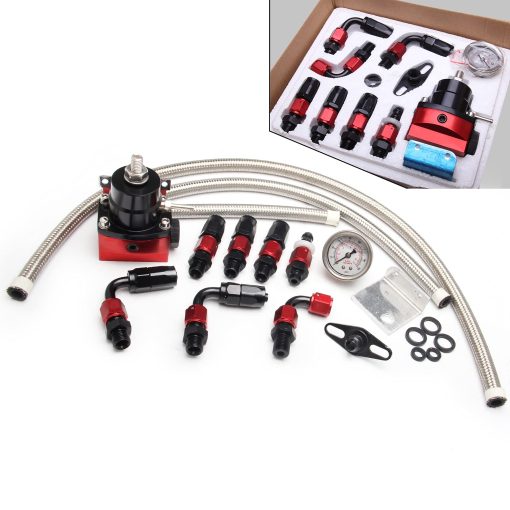 Kit de regulador de presion de combustible EFI WENJTP con medidor de presion de 0-100psi AN6-6AN, ajustable de aluminio, conexiones universales para manguera de combustible en negro y rojo HTRACING