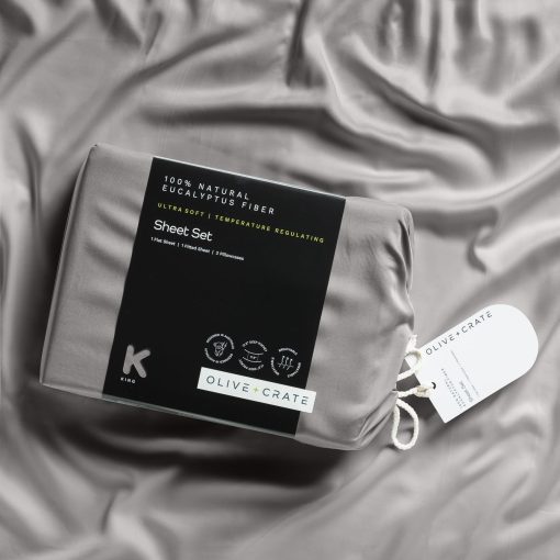 Juego de sabanas de lujo Olive + Crate Luxury Series 100% Tencel Eucalyptus King Size - Juego de 4 piezas de sabanas suaves y frescas | Bolsillo profundo de 18'' para sabana plana, sabana ajustable y 2 fundas de almohada color gris piedra - Imagen 7