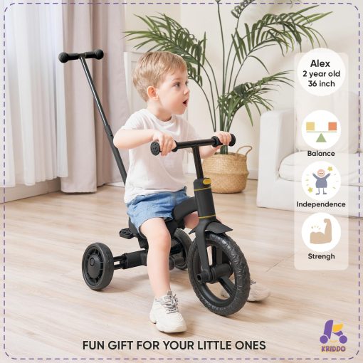 Triciclo para niños KRIDDO 4 en 1 para 1.5 a 3 años con manillar de empuje de direccion parental, rueda delantera de 12 pulgadas, bicicleta de equilibrio para niños y niñas de 18 meses a 3 años, altura ajustable, negro - Imagen 4
