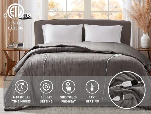 Manta electrica California King Degrees of Comfort con controles duales, manta electrica de gran tamano de franela para cama, apagado automatico, lavable a maquina - Gris, 100Wx90L - Imagen 6