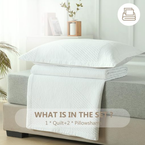 Juego de colchas FineStichery Queen Size, 100% algodon blanco solido colcha, edredon acolchado juego de cama, ropa de cama ligera suave con fundas de almohada para todas las temporadas, 3pcs - Imagen 5