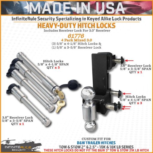 61776 | Juego de 4 Cerraduras para Enganche Mixtas 3.0, Llave unica, para B&W 2.0" y 2.5" Tow & Stow 10K LB & 18K LB - Incluye Candado para Receptor 3.0" - Imagen 3