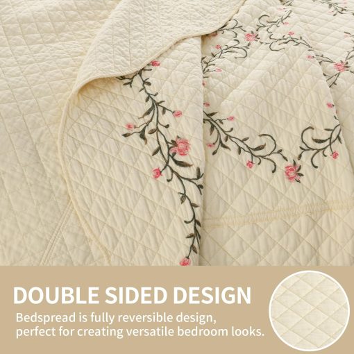 Colcha de cama SahSahCasa 100% algodon 120"x102", Colcha de cama Queen extragrande con bordado, edredon reversible Queen Flores XL, Colcha acolchada ligera Comforter, 3 piezas - Imagen 7