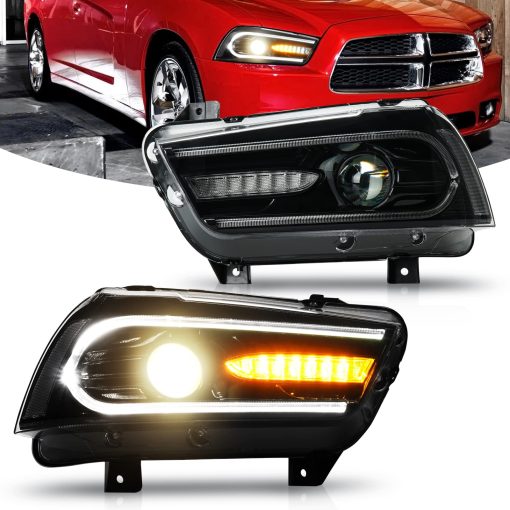 Conjunto de faros delanteros de proyector dual Gubebaili para Dodge Charger R/T Pursuit SRT8 SXT Plus 2011-2014, lampara delantera LED con luces diurnas DRL y senales de giro secuenciales, lente clara