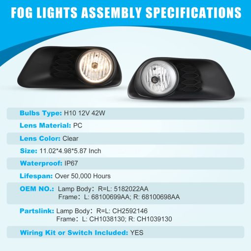 Luces de Niebla CPW Compatible con [2011-2020 Dodge Grand Caravan] Conjunto de Lamparas de Niebla de Repuesto Luces de Niebla + Interruptor + Kit de Cableado - Imagen 6