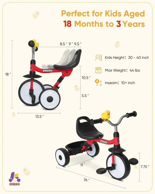 Triciclo para Ninos KRIDDO para 18 Meses a 3 Anos, Triciclo Plegable para Ninos con Canasta de Almacenamiento, Triciclo para Ninos de 2 Anos, Asiento Ergonomico Ajustable Facil de Transportar, Estructura Estable para Paseos Suaves, Rojo - Imagen 6