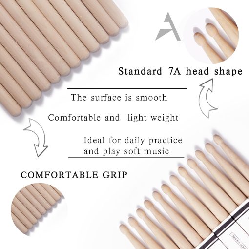 Baquetas de Tambor AQJUNONG 7A, 15 Pares de Clasicas Baquetas de Madera de Arce con Punta para Ninos y Adultos, Accesorios Profesionales de Percusion Instrumental Musical - Imagen 3