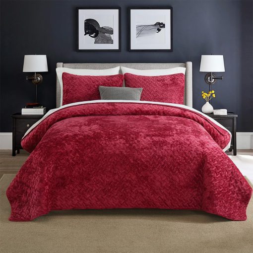 Juego de Edredon de Terciopelo Liians, Juego de Ropa de Cama de Lujo, Elegantes Ultra Suaves Edredones de Terciopelo, Mantas de Cubierta, Colcha de Costura Tejida para Todas las Estaciones, Rojo, Tamaño Queen
