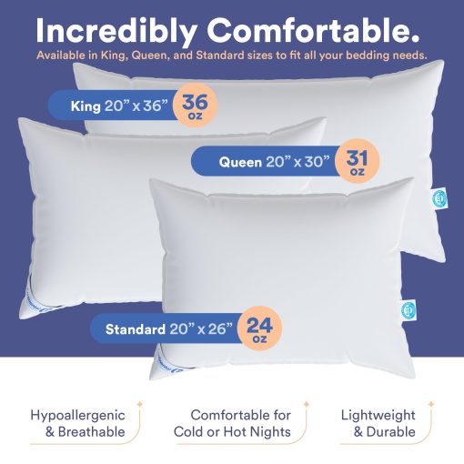 Almohadas de plumon de lujo Continental Bedding 100% tamano King Pack de 1 - Hechas en familia en Nueva York - Almohadas transpirables para dormir, para dolor de espalda, de lado y de estomago - Firmeza y loft medio de 550FP - Imagen 3
