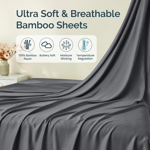 Juego de Sabanas Divididas Tamano Split King GOKOTTA, 5 Piezas, 100% Rayon Derivado de Bambu, Ideal para Personas que Duermen Calientes - Sabanas Suaves y Transpirables, Sabana Ajustable de 16" con Correas Elasticas en las Esquinas, Gris Oscuro - Imagen 2