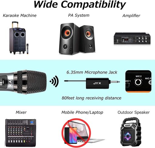 Microfono inalambrico JYX, sistema profesional de microfono dinamico de mano UHF de metal con receptor recargable de 1/4''(6.35mm), para amplificador, sistema de sonido PA, canto de karaoke, boda, fiesta, discurso, iglesia - Imagen 6