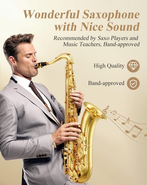 Saxofon Tenor Eastar Saxofon para Estudiantes en Si Bemol Dorado Lacado Saxofon Tenor Bb Principiante con Pano de Limpieza, Estuche de Transporte, Boquilla, Correa para el Cuello, Canas, Kit Completo, TS-? - Imagen 4