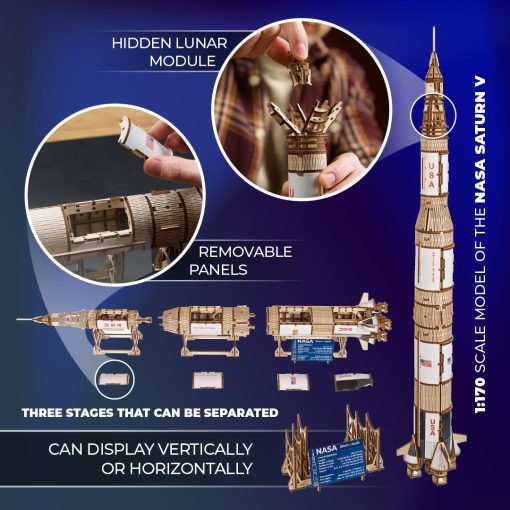 Kit de Cohete Modelo UGEARS NASA Saturn V - Modelos de Naves Espaciales para Adultos - Rompecabezas de Madera 3D del Transbordador Espacial - Rompecabezas de Nave Espacial Rocketship 3D - Imagen 4