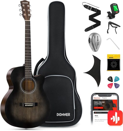 Guitarra Acustica Donner para Principiantes Adultos 40 Pulgadas Cutaway Kit de Guitarra Acustica con Pastilla Leccion en Linea Bolso Afinador Capo Correa Mini Jumbo Viaje Adolescente Diestro Negro Marron DAJ-110CD
