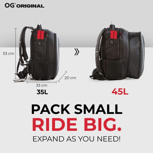 Mochila Impermeable OG Original GetAway para Motocicleta, Hombre, con Cubierta Dura, Gran Capacidad, Expandible 35L-45L, Bolsa para Casco de Motocicleta, Mochila para Casco, Antirrobo, Reflectante, USB, Portatil - Imagen 4