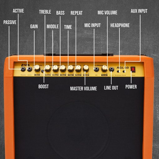 Amplificador de Guitarra Electrica LyxPro de 60 Watts, Combo de Estado Solido para Estudio y Escenario con Altavoz de 10” de 4 Ohmios, Controles de EQ Personalizados, Drive, Delay, Entradas Pasivas/Activas/Microfono, Auxiliar y Conector de Audifonos - Caoba - Imagen 2