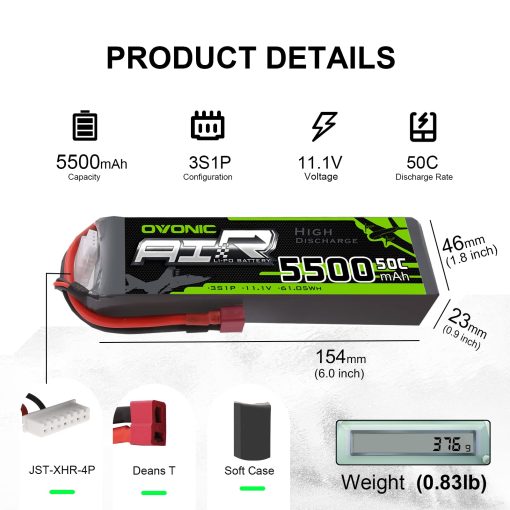 Bateria Lipo OVONIC 3s 50C 5500mAh 11.1V con Conector Dean-Style T para Avion RC Quadcopter Helicoptero FPV Drone (Paquete de 2) - Imagen 2