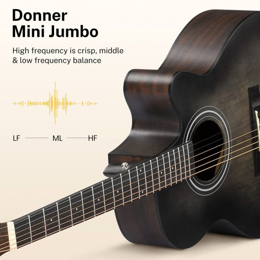 Guitarra Acustica Donner para Principiantes Adultos 40 Pulgadas Cutaway Kit de Guitarra Acustica con Pastilla Leccion en Linea Bolso Afinador Capo Correa Mini Jumbo Viaje Adolescente Diestro Negro Marron DAJ-110CD - Imagen 3