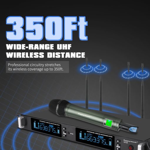 Sistema de Microfono Inalambrico Profesional UHF happymusic, 2 Canales Set de 2 Microfonos de Mano sin Cable, Escaneo Automatico, Hasta 350ft para Cantar, Karaoke en Casa, Iglesia, Boda (UT22) - Imagen 4