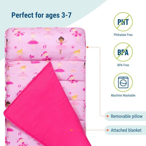 Wildkin Original Nap Mat con Almohada Reutilizable para Ninos y Ninas, Perfecto para Colchoneta de Dormir de Primaria, Caracteristicas de Cierre de Gancho y Bucle, Materiales de Mezcla de Algodon Suave Colchoneta para Ninos (Ballerina) - Imagen 3