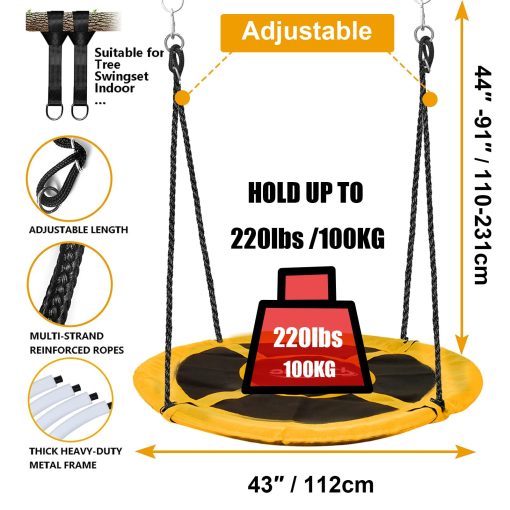 Hishine Columpio Redondo de 43" para Ninos, 360?, Resistente al Agua con Giro, Correas de Colgar, Cuerdas Ajustables, Columpio Redondo Giratorio para arbol / Juego de Columpios (Naranja) - Imagen 2