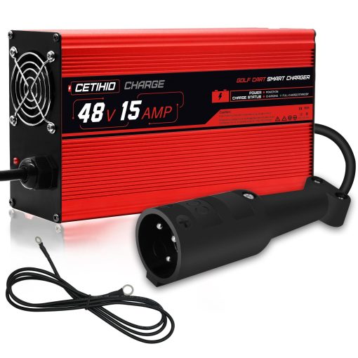 Cargador de Bateria de Carro de Golf de 48 Voltios Nuevo para Club Car, 15 Amperios Cargador Rapido con Carga Trickle- 3 Pin Conector Redondo, Carga Completa en 4-6 hrs para Baterias de acido de Plomo, Reemplaza Cargador DS, 900W, Inteligente, 16FT