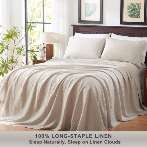 Juego de sabanas de lino puro TOSMO, 100% lino natural frances Juego de ropa de cama 4 piezas (Queen, 1 sabana plana, 1 sabana ajustable, 2 fundas de almohada) - Lino natural - Imagen 2