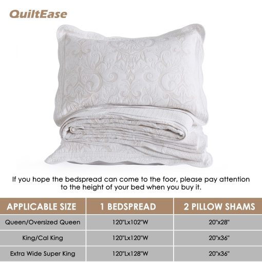 Colcha extragrande QuiltEase para cama King - 120" L x 120" W Extra Wide - Juego de colchas bordadas 100% algodon ligero - Colcha reversible California King - 3 Piezas - Blanco - Imagen 5