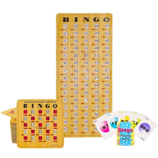 MR CHIPS Cartones de Bingo a Prueba de Atascos con Ventanas Deslizantes, 25 Cartones de Bingo Reutilizables, 75 Cartas de Llamada de Bingo, 1 Tablero Maestro de Bingo en Estilo de Veta de Madera