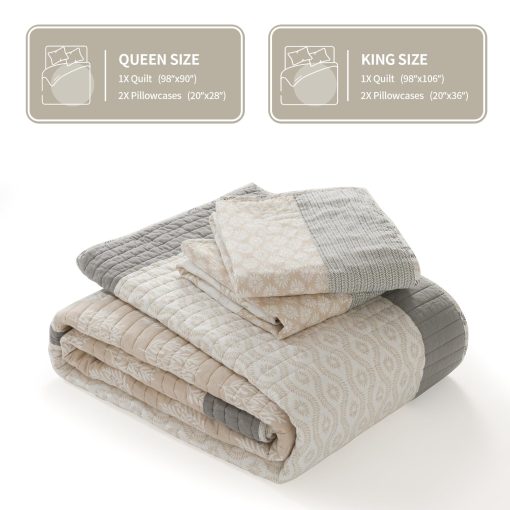 Juego de Colcha KALOOLA Tamano King, Colcha de Verano Acolchada 100% Algodon, Gris Luna Floral Patchwork Juego de Cama King, Colcha Reversible Estilo Granja para Todas las Estaciones, 3 Piezas - Imagen 5