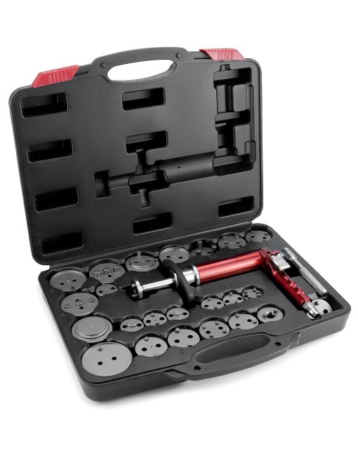Juego de Herramientas de 24 Piezas para Calibradores de Freno Neumaticos QWORK con Estuche - Compatible con Vehiculos Americanos, Europeos, Japoneses, Incluye Herramienta de Retroceso, Adaptadores, Herramienta Profesional para Frenos