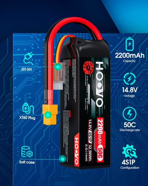 HOOVO 4S 14.8V 2200mAh 50C Bateria Lipo Estuche Rigido Pack con Conector XT60 para Coche RC, Helicoptero RC, Avion RC, Cuadricoptero, Drone UAV FPV (2 Paquetes) - Imagen 2