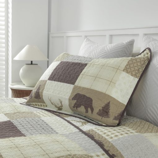 Juego de Edredon de Patchwork 100% Algodon Tamano Queen - Estampado de Animales y Cuadros, Edredon Ligero de Patchwork, Funda Suave para Decoracion del Hogar Juego de Cama 3 piezas para Todas las Estaciones, Beige/Marron - Imagen 7