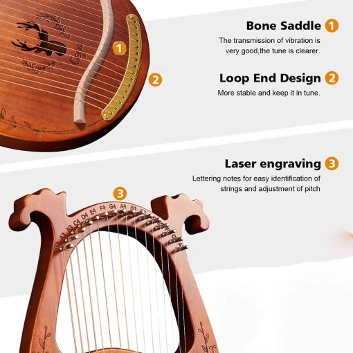 Arpa de Lira de 16 Cuerdas de Madera Maciza de Caoba con Llave de Afinacion, Pua, Cuerdas, Bolsa Negra y Manual de Instrucciones para Amantes de Instrumentos Principiantes (color cafe) - Imagen 3
