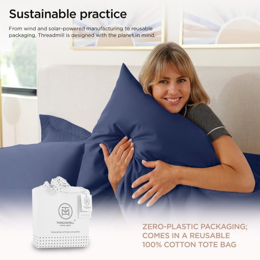 Juego de sabanas de tamano completo de lujo Threadmill | Sabanas de algodon Supima certificado de 656 hilos para colchon de tamano completo | Juego de sabanas de 4 piezas de calidad de hotel de 5 estrellas con bolsillo extra profundo | Sabanas azul Folkstone - Imagen 7