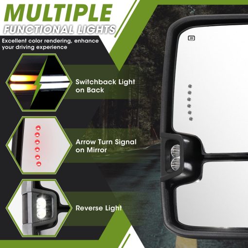 Espejos de remolque SIZIOM Switchback para Dodge Ram 1500 2009-2018, Ram 2500 3500 2010-2018, Ram Classic 2019-2023, Senal de giro dinamica, Luz de respaldo, Lampara de charco, Extensible, Par de espejos de remolque ajustables electricos - Imagen 8