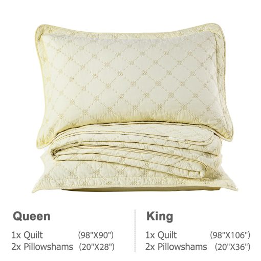Juego de Colcha King Size Finlonte - Juego de Edredon King de Algodon 100%, Colcha King Size, Edredon Suave Ligero Acolchado, Juego de Ropa de Cama King con Bordado de Diamante en Solido Crema, 98x106 - Imagen 6