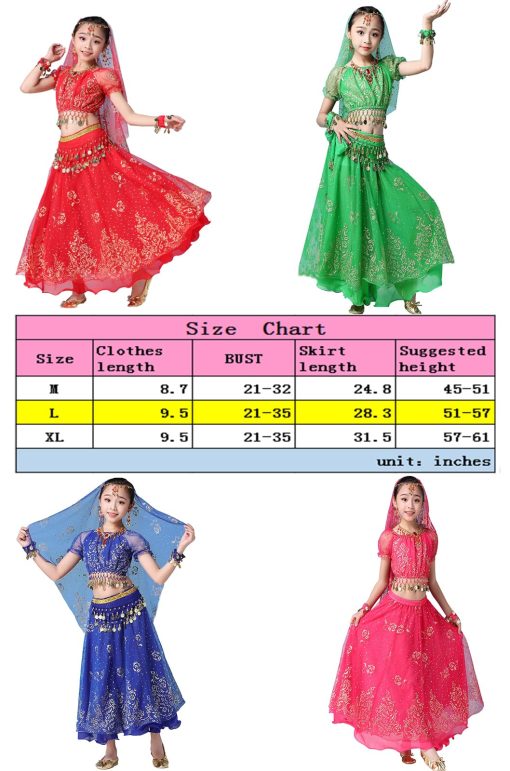 Conjunto de Disfraz de Danza del Vientre ORIDOOR para Ninas Traje de Vestido Plisado para Halloween, Traje de Actuacion India de 5 Piezas de 5-7 Anos A-Rosa - Imagen 2