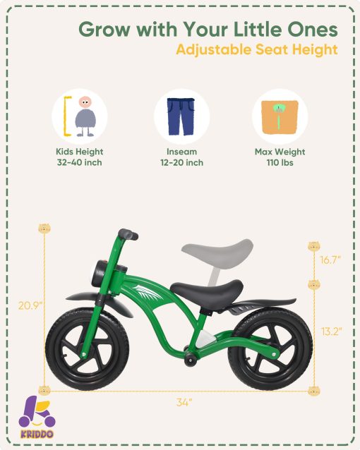 Bicicleta de Equilibrio para Ninos KRIDDO de 2 a 5 Anos, con Luz Delantera, Llantas Mejoradas para Todo Tipo de Terreno, Rodamientos Mejorados para un Paseo Suave y Estable, Guardabarros Delanteros y Traseros, Asiento Ajustable, Verde - Imagen 6