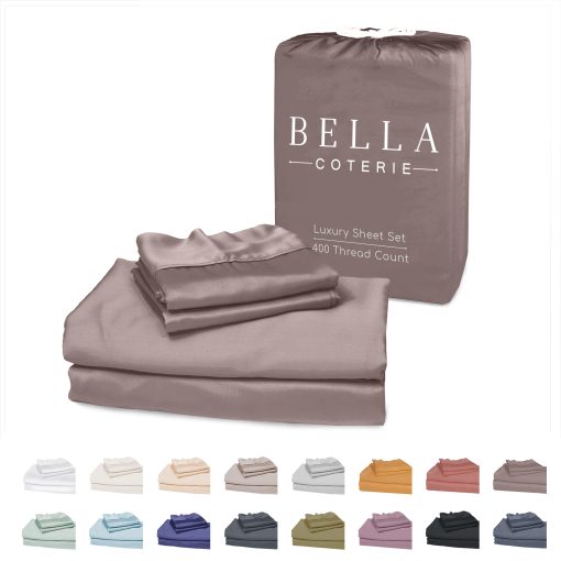 Juego de sabanas de lujo para cama Queen Bella Coterie | Cultivado organicamente | Ultra suave | Refrigerante para quienes duermen calientes | Bolsillo profundo de 18" | Viscosa hecha de bambu [Mocha]