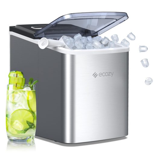 Maquina de Hielo Portatil ecozy, 9 Cubos Listos en 6 Minutos, 26.5 lbs en 24 Horas, Maquina de Hielo Autolimpiable con Bolsas de Hielo/Cucharas de Hielo/Cubeta para Hogar Cocina Oficina Bar Fiesta, Plata