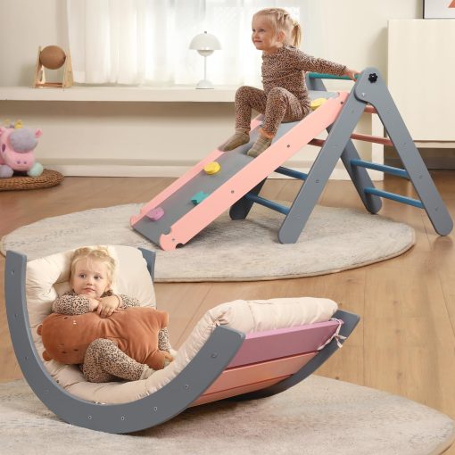 Set de Triangulo Pikler con Cojin, 7 en 1 Juguetes de Escalada para Ninos Pequenos en Interiores, Set de Escalada Plegable Montessori, Juguetes de Madera para Ninos Pequenos 1-3 Anos con Rampa, Arco y Escalera (Arcoiris con Azul) - Imagen 9