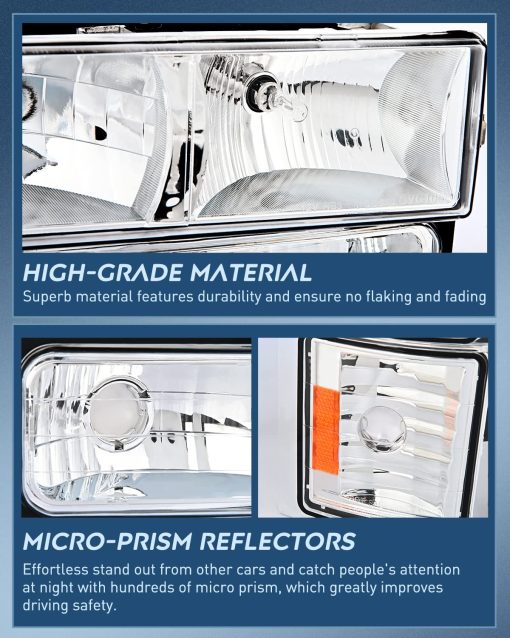 Conjunto de faros Nilight para 1994 1995 1996 1997 1998 GMC Suburban Yukon Sierra C/K Series 1500 2500 3500 Carcasa Cromada con Reflector ambar Lampara de Esquina del Parachoques, Garantia de 2 Anos - Imagen 6