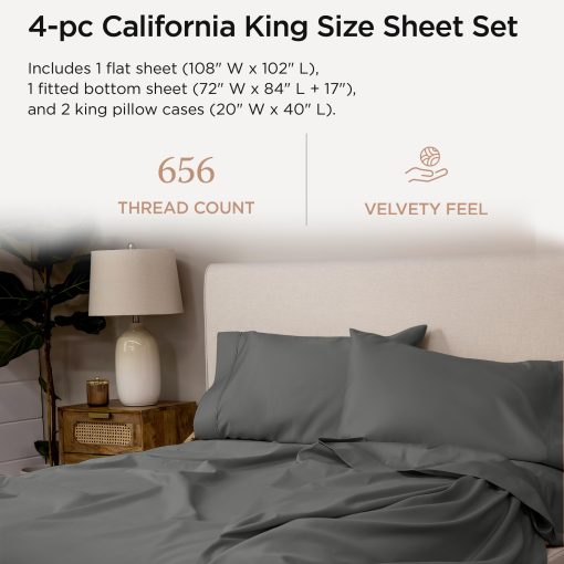 Juego de sabanas Threadmill California King | Sabanas de algodon Supima 100% certificadas de Estados Unidos | Juego de sabanas de lujo de calidad hotelera de 656 hilos con bolsillo extra profundo elastico | Sabanas gris oscuro - Imagen 2