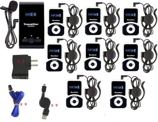 Sistema de Guia Turistica Inalambrico EXMAX ATG-100T 195MHz Equipo de Interpretes de Equipo de Traduccion Microfono para Traduccion en Iglesias Auriculares de Traduccion Simultanea (1 Transmisor 8 Receptores)