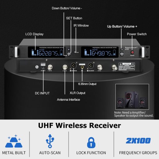 Sistema de Microfono Inalambrico Profesional UHF happymusic, 2 Canales Set de 2 Microfonos de Mano sin Cable, Escaneo Automatico, Hasta 350ft para Cantar, Karaoke en Casa, Iglesia, Boda (UT22) - Imagen 2