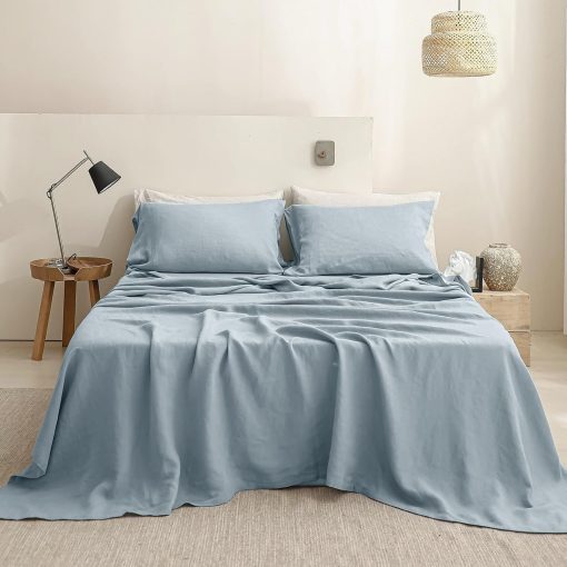 Juego de sabanas de lino Simple&Opulence 100% 4 piezas Estilo Basico, Bolsillo Profundo, Lino frances lavado natural Suave Sabanas transpirables - Azul Polvoriento, Tamaño Queen